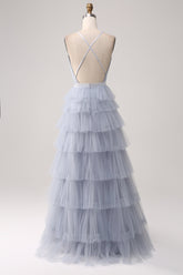 Graues blaues A-Linie Rückenfreies langes Ballkleid aus Tüll